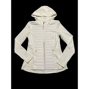 Jockey Hybrid Hooded Jacket Womens M Zip Pockets Full Zip Thumb Holes White